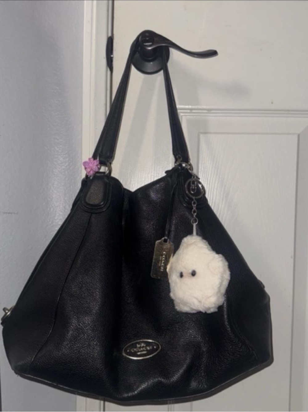 Coach Black Leather Shoulder Hobo with Plush Charm